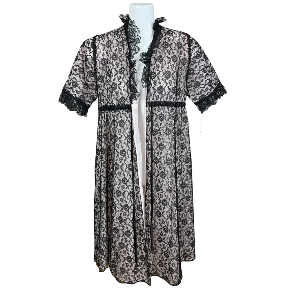 Union Made Fashions by Marilyn Pink with Black Lace Overlay Belted Robe Small